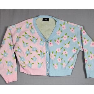 Cider 3XL Cardigan button up Sweater, Faux Pearl accents, Pink & blue w/ flowers
